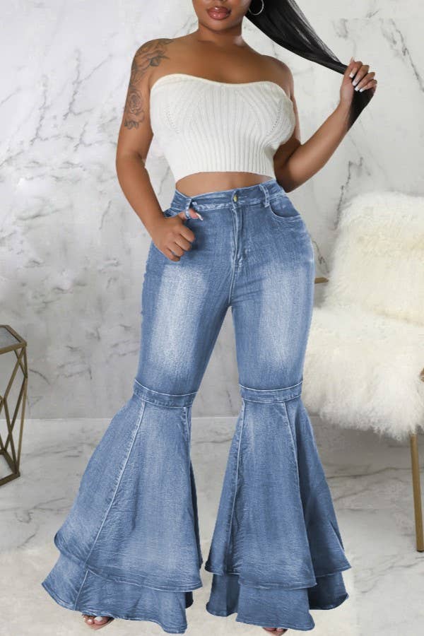 Layered ruffle flare jeans