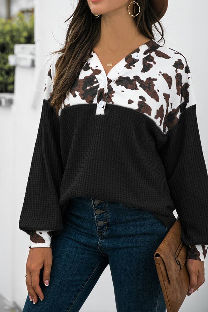 Cow Print Patchwork Western Waffle Knit Blouse Top CF-STC216