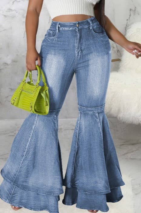 Layered ruffle flare jeans
