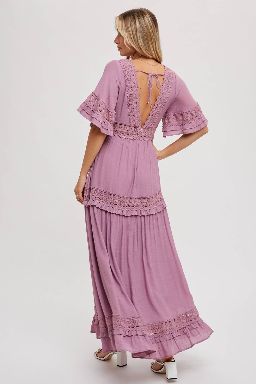 V-NECK LACE TRIM MAXI DRESS