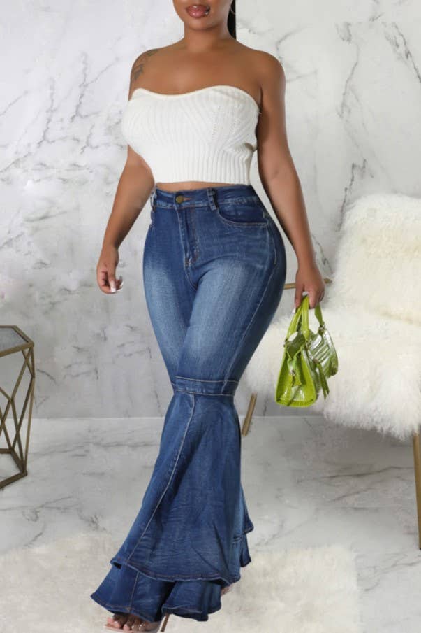 Layered ruffle flare jeans