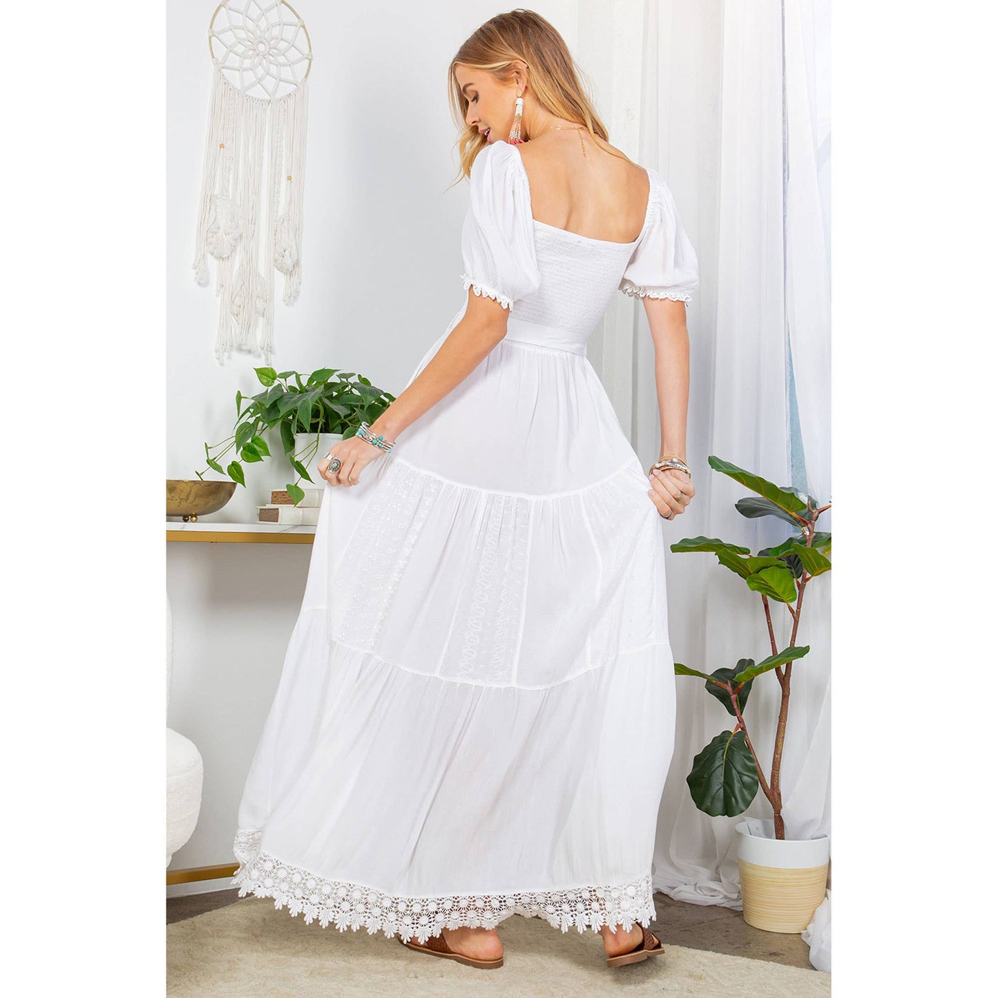 Desert Sunset - Camel Lace-Trimmed Square Neck Dress