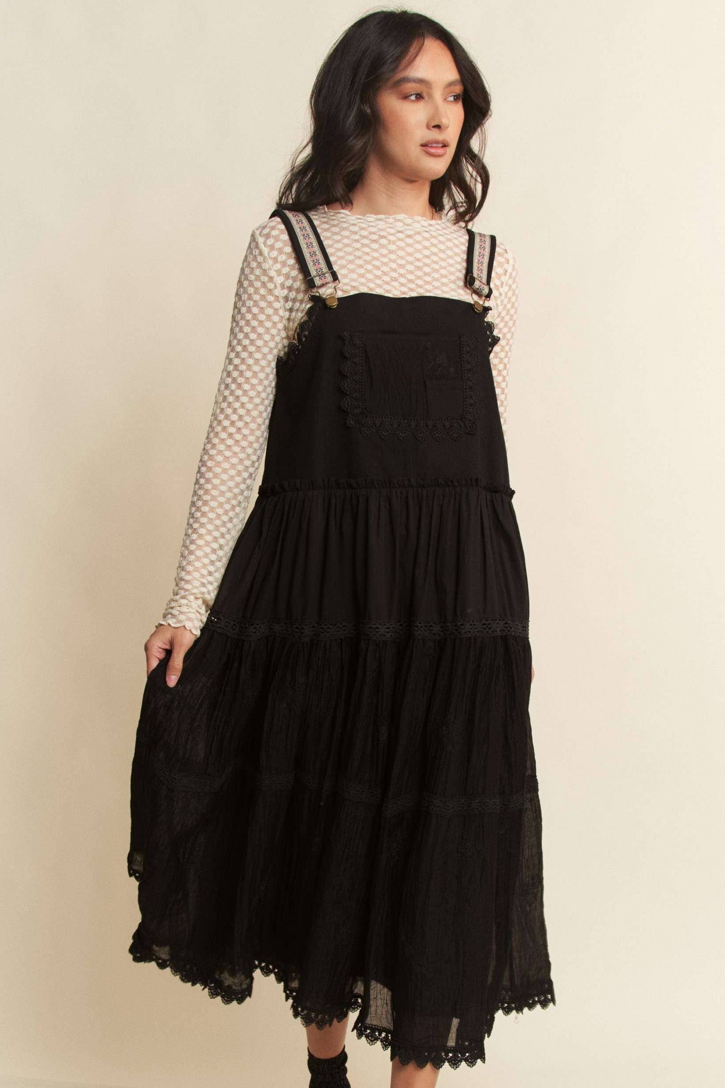 FRONT POCKET EMBROIDERED LACE PINAFORE DRESS