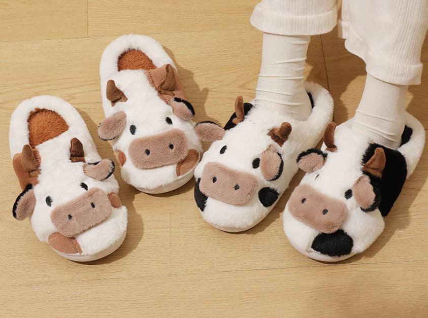 Western Cow Pattern Cute Animal Soft Home Plush Slippers