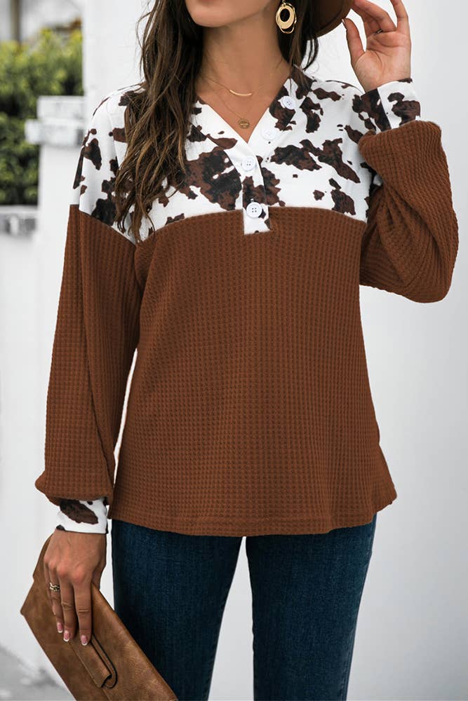 Cow Print Patchwork Western Waffle Knit Blouse Top CF-STC216