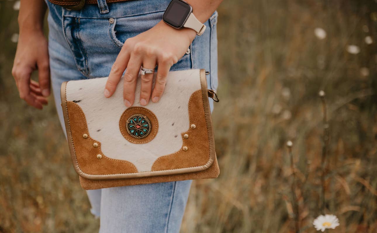 Cowhide Suede rock clutch/ crossbody