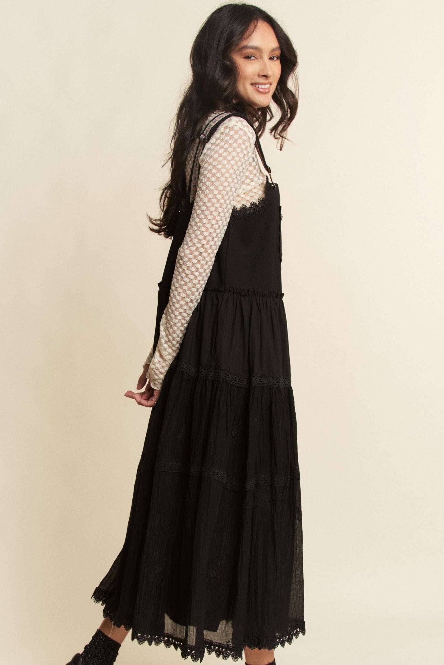 FRONT POCKET EMBROIDERED LACE PINAFORE DRESS