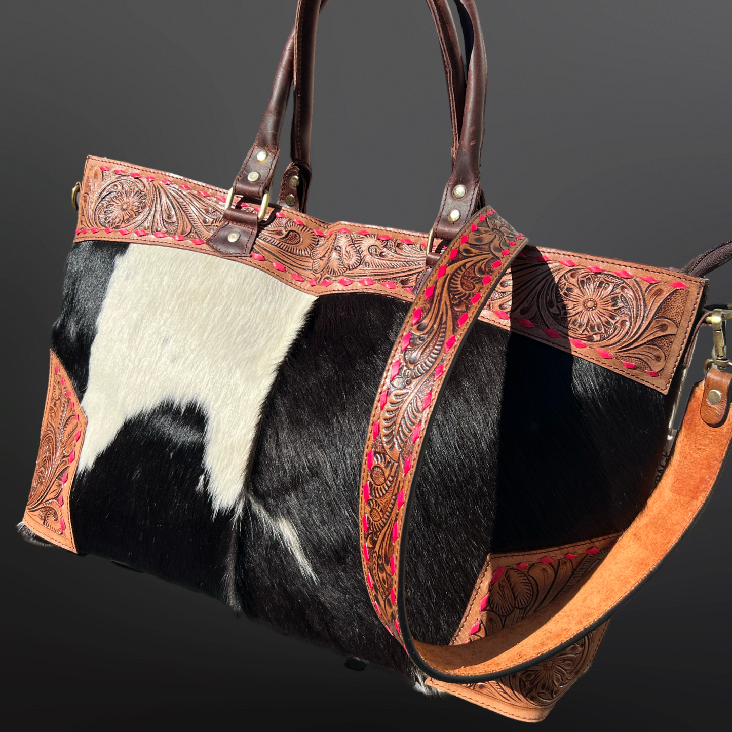 Western Tooled Leather Handbag Cowhide PINK Buck Stitching