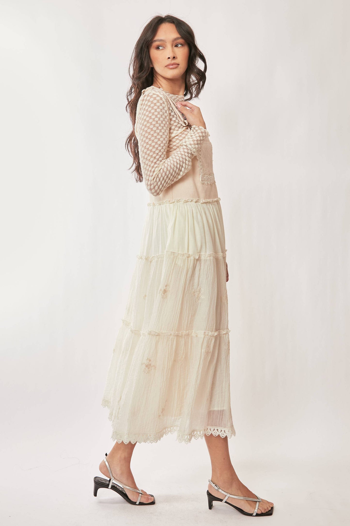 FRONT POCKET EMBROIDERED LACE PINAFORE DRESS