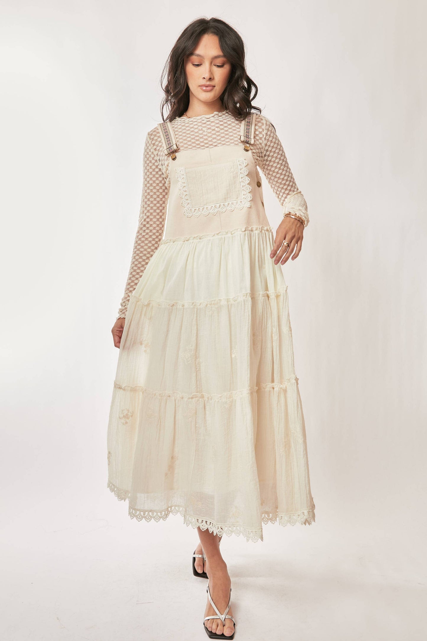 FRONT POCKET EMBROIDERED LACE PINAFORE DRESS